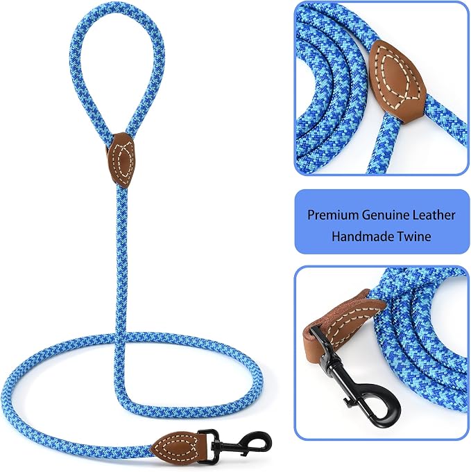 Mile High Life Dog Leash with Genuine Leather Connection, 6 FT/5 FT/4 FT | Rope Leash, Heavy Duty 360° Swivel Metal Clasp, for Small Medium & Large Dogs (Sky Blue, 60 Inch)