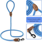 Mile High Life Dog Leash with Genuine Leather Connection, 6 FT/5 FT/4 FT | Rope Leash, Heavy Duty 360° Swivel Metal Clasp, for Small Medium & Large Dogs (Sky Blue, 60 Inch)