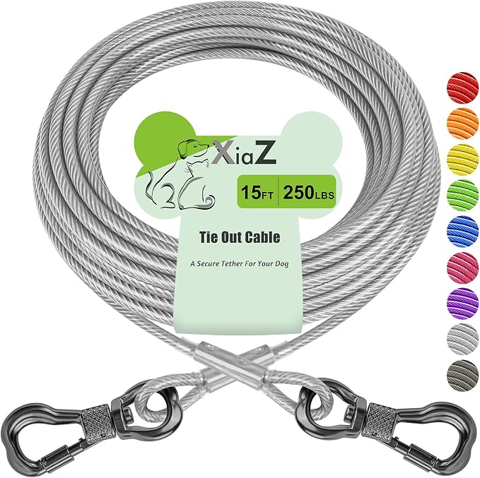 XiaZ Dog Tie Out Cable, Heavy Duty Dog Chains for Outside with Lockable Hook, Pet Runner Cable Leads for Yard, Dogs Line Tether for Small Medium Large Dogs Up to 250 LBS (15FT, Silver)