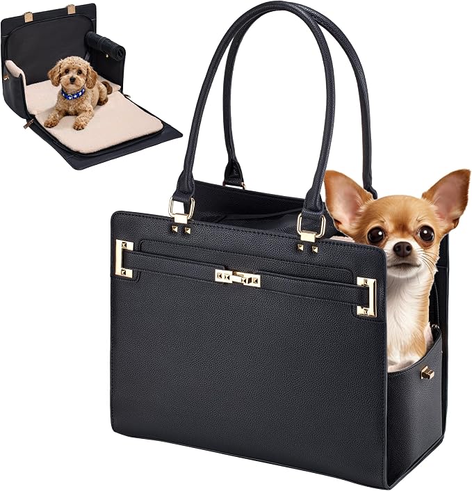 Dog Purse Carrier for Small Dogs, Stylish Foldable Pet Carrier Purse Tote Bag with Washable Cushion & Safety Leash, Airline Approved Puppy Travel Bag with Pockets (Black)