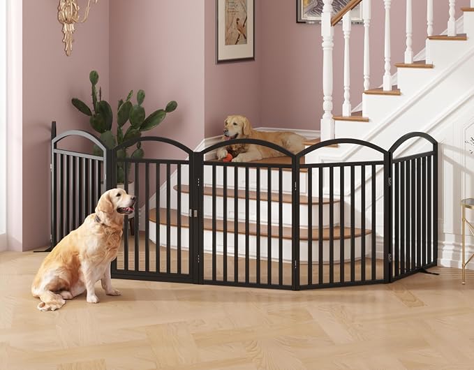 Foldable Pet Fence 120" Wide, 30" Tall,No-Assembly Dog Gate with Door,Black | 6 Panels Metal Folding Freestanding Dog Gate Walk Through,Extra Accordion Puppy Folding Playpen for Doorways, Stairs,House
