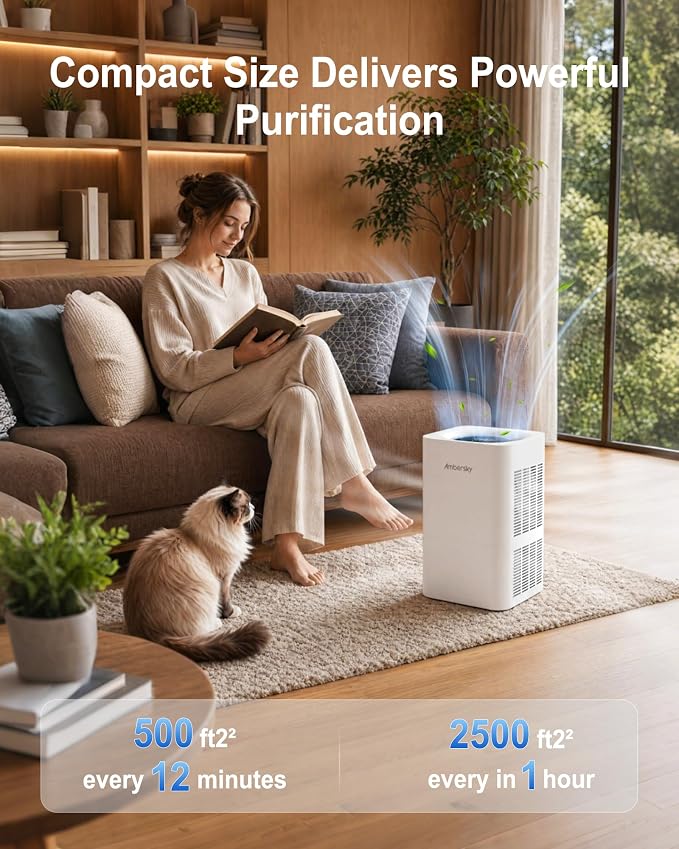 Ambersky Air Purifier for Home, Ture HEPA Filter for Large Room 2500 Ft² | Real-Time AQI & PM2.5 Display, Sleep Mode & 5 Fan Speeds, 360° Air Cleaner for Pet Hair, Smoke, Dust, Odor