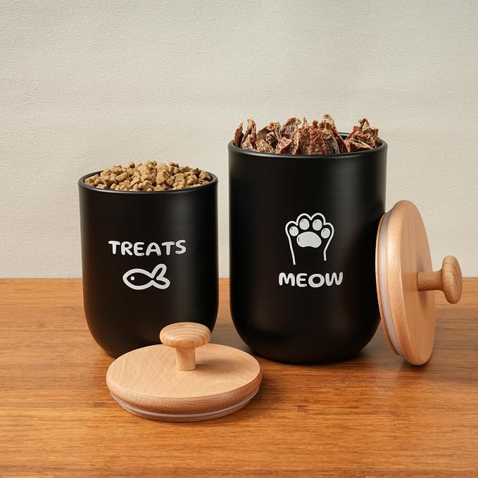Cat Treat Container with Airtight Lid, Cat Food Oganizer Dry Food, Cat Food Storage Containers, Pet Treats Canister, Cat Treat Jar Set of 2-8.3x4.9 & 7.1x4.3 (Black)