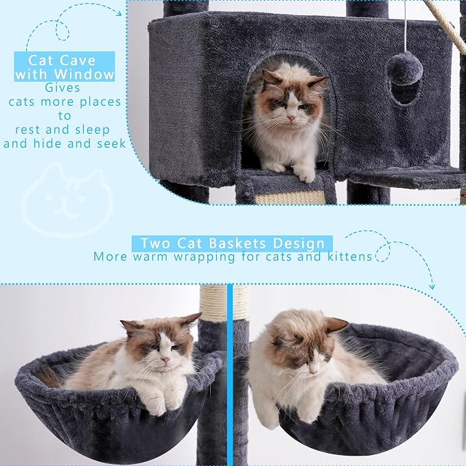 Hey-brother Cat Tree Tower, Adjustable Height, Floor to Ceiling, MPJ091G | 94.5-106.3 Inches Multi-Level Cat House, Scratching Posts, Plush Condo, Platform, Toy Ball for Indoor Big Cats, Smoky Gray