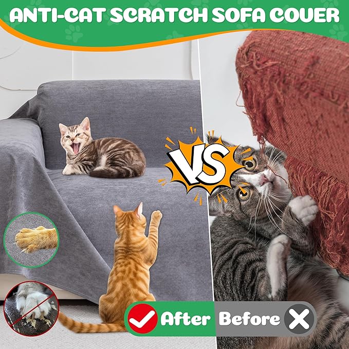 Loiion Cat Scratch Proof Furniture Protector Waterproof Sofa Cover 91"x71" | Pet-Friendly Couch Protector, Anti-Scratch & Anti-Slip Sofa Cover For Cats Dogs Kids, Machine Washable