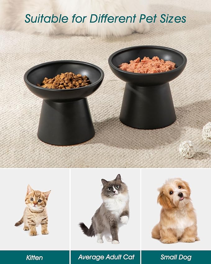 vancasso Elevated Cat Food Bowls 2-Pack, 6.2" Wide Shallow Cat Feeding Bowl for Whisker Fatigue, 5.1" Height Ceramic Raised Food Bowls for Senior Cats, Anti Vomit, Black