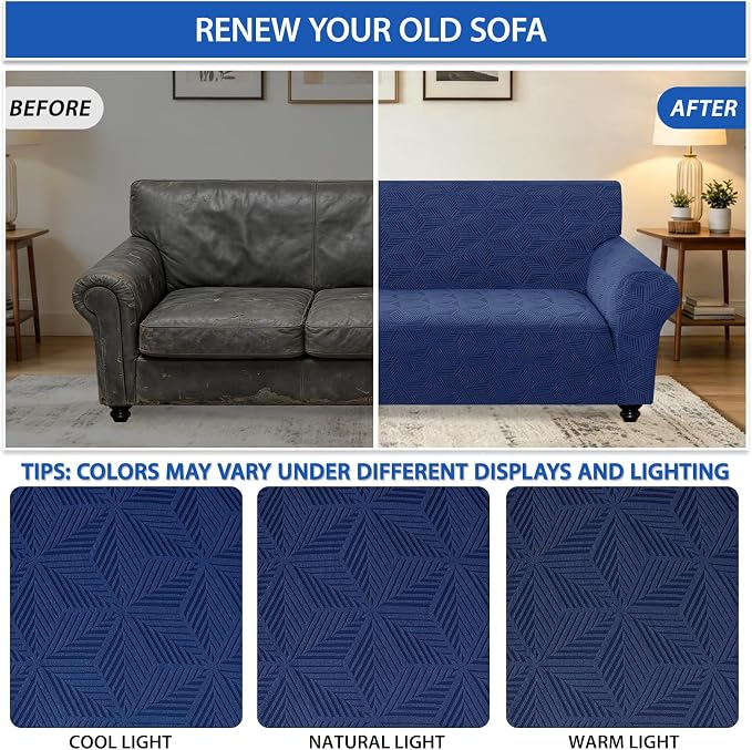 ZNSAYOTX Stretch Couch Cover, 1 Piece Oversized Sofa Covers for 3 Cushion Couch, Jacquard Sofa Slipcovers with Elastic Bottom Thickened Furniture Protector for Dog Cat Pet (X-Large, Navy Blue)