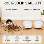 SPUNKYJUNKY Ceramic Dog and Cat Bowl with Wood Stand Non-Slip Matte Glaze Weighted Food Water Set for Cat Medium Dog 28.7 OZ