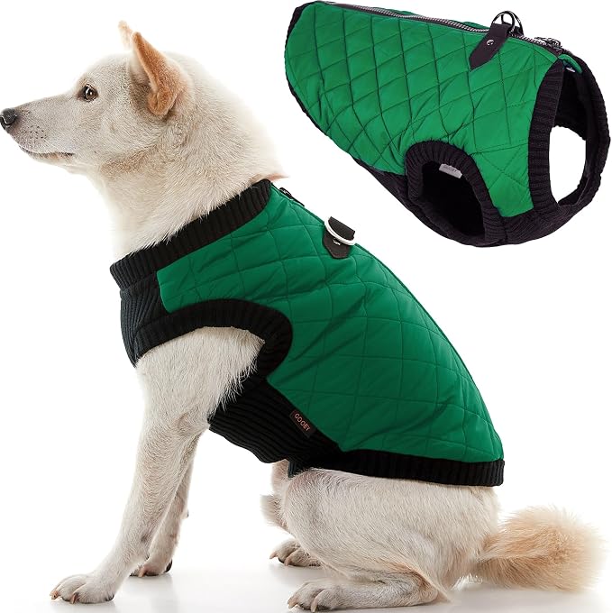 Gooby Fashion Vest Dog Jacket - Green, Medium - Warm Zip Up Bomber Vest with Dual D Ring Leash - Winter Water Resistant Small Dog Sweater