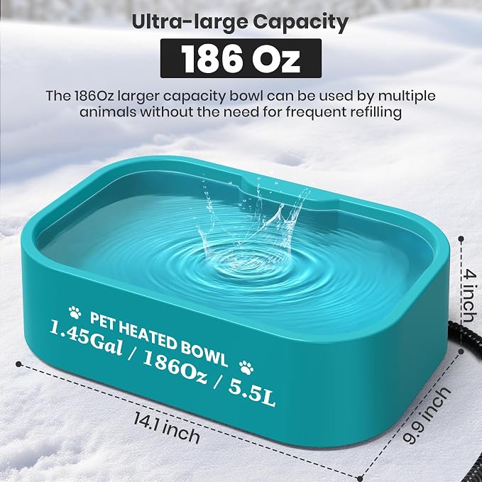 1.45 Gal/5.5L Heated Water Bowl, Extra Large Heated Dog Bowls for Outside, Safety Listed Heated Pet Bowl with Anti-Chew Cord for Dog & Cat Drinking Water in Winter, BPA-Free, Anti-Slip Base(Blue)