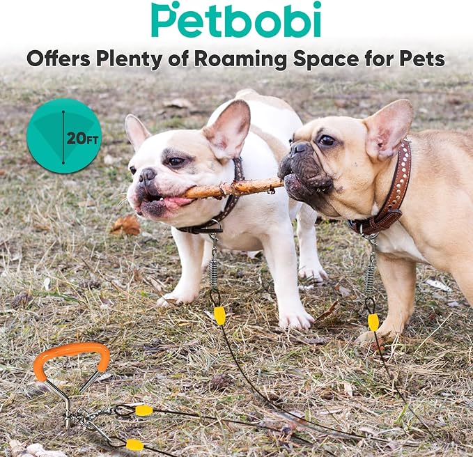 Petbobi Dog Tie Out Cable and Stake, 20ft Heavy Duty Dog Leads for Yard | 4in Shock Spring, 16in Spiral Ground Anchor, 360° No-Tangle Swivel, Chew-Proof Rustproof Wire, Up to 120 lbs, Outdoor Camping