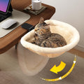 JUNSPOW Cat Desk Bed One-Click Folding Maximum Holds 40lb, Cream Fur | Sunken Design & Space-Saving Semi-Circular Cat Bed, Soft Faux Rabbit Fur Material, Suitable for Various Desktops