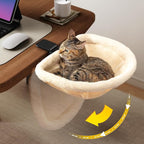 JUNSPOW Cat Desk Bed One-Click Folding Maximum Holds 40lb, Cream Fur | Sunken Design & Space-Saving Semi-Circular Cat Bed, Soft Faux Rabbit Fur Material, Suitable for Various Desktops