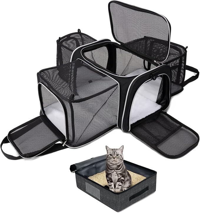 BAGLHER Expandable Cat Carrier with Travel Litter Box, Pet Travel 5 Sides Open Doors 3 Sides, Leak-Proof and Collapsible, for Car, Airplane Trip, Black