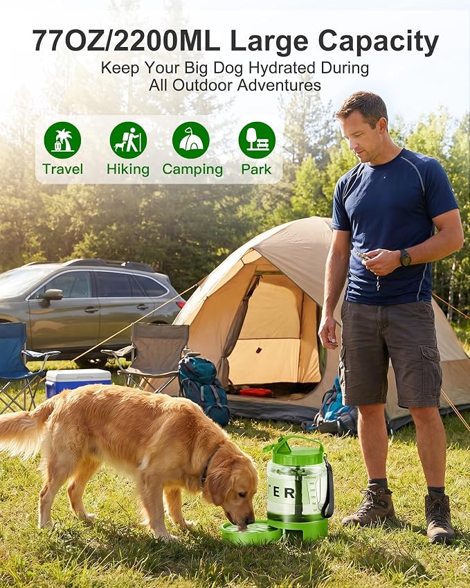 77 oz Portable Dog Water Bottle, 2.2L Dog Travel Water Dispenser Olive Green | Food-grade, BPA-free material, silicone seal, easy-clean wide mouth, grip handle, for large dogs, hiking, camping, beach days