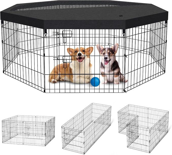 Peekaboo DogPlaypen 24 in-8 Panel Metal Rustproof Pet Fence with Top Cover | 24 Inch 8 Panel Foldable Metal Dog Playpen with Top Cover, GRS Certified Recycled Material