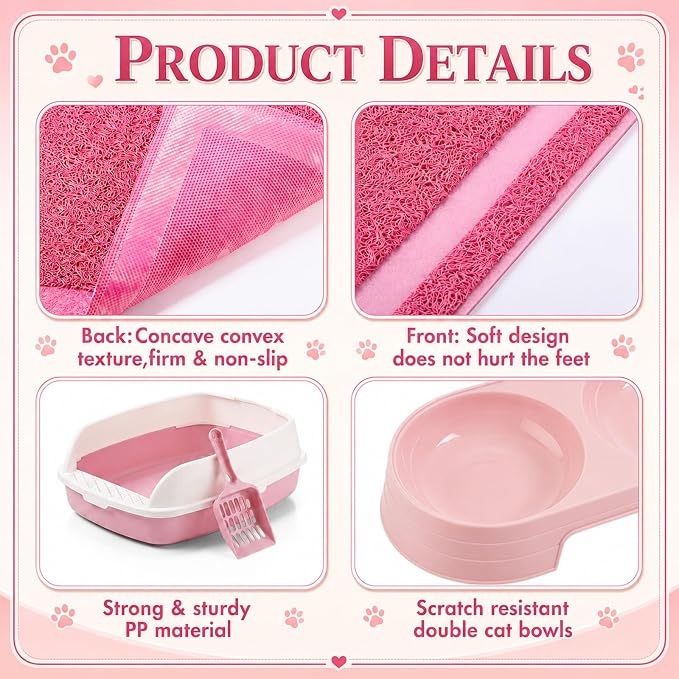 Sliner 7 Pcs Kitten Litter Box Starter Kit, 2 Plastic Small Kitty Litter Box Training Low Entry with Scoop, 2 Double Cat Bowl and Mat for Kitten Indoor (Pink)