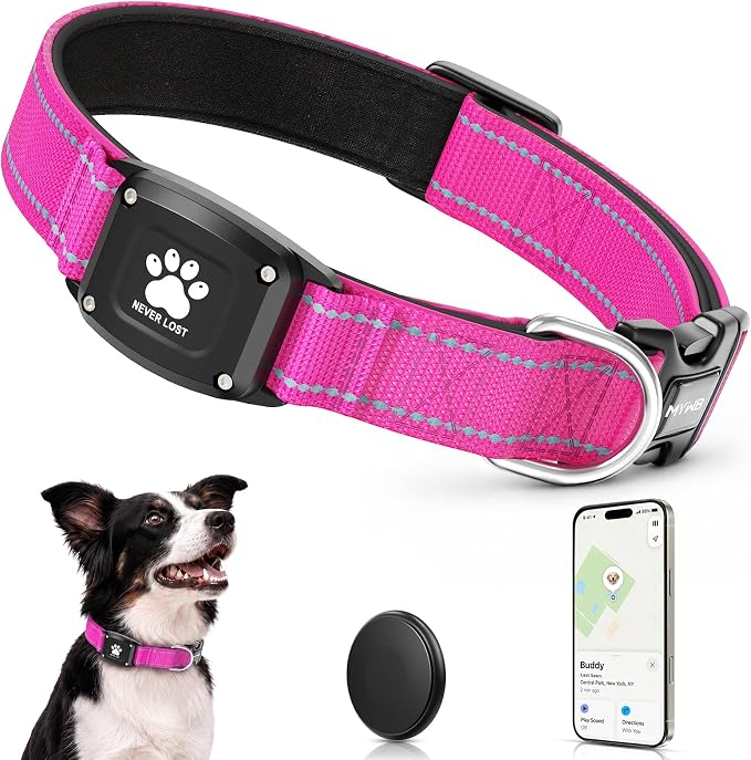 GPS Dog Collar Tracker 2-in-1,Reflective Waterproof Pet Collar,iOS-Only,No Monthly Fees,Unlimited Range,Dog Tracking Collar Pet Tracker,for Small Medium Large Dogs(XS (10.5"-13.5"), Hot Pink)