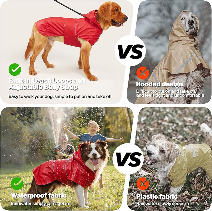 Kimee Dog Raincoat Reversible, Single Side Slicker Poncho Adjustable Waterproof Dog Rain Jacket with Leash Hole/Reflective Stripe Hooded Snowproof Windproof Clothes for Small to 3X-Large Dogs, S