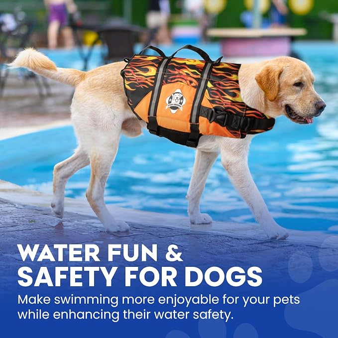 Dog Life Jacket — Premium Swim Vest with SafeChin Anti-Choke Collar | PAWS Aboard Racing Flames | RapidLift Rescue Handle, D-Ring, Reflective Trim | Boating, Kayaking, Pool | X-Large (80–110 lbs)