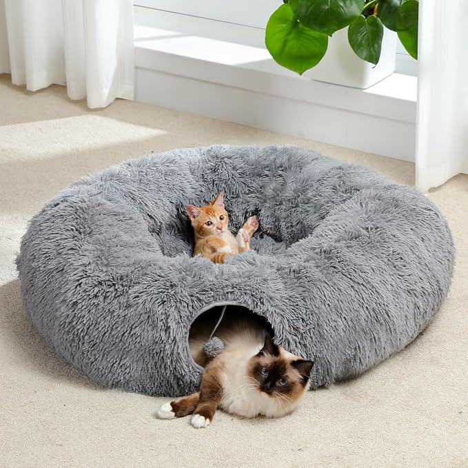 PAWZ Road Cat Tunnel Bed,Collapsible Cat Donut Tunnel with Soft Mat & Balls | 2 tunnels + soft mat form circle, with peephole & dangling balls. Plush, collapsible, Stores Easy. For small & large cats