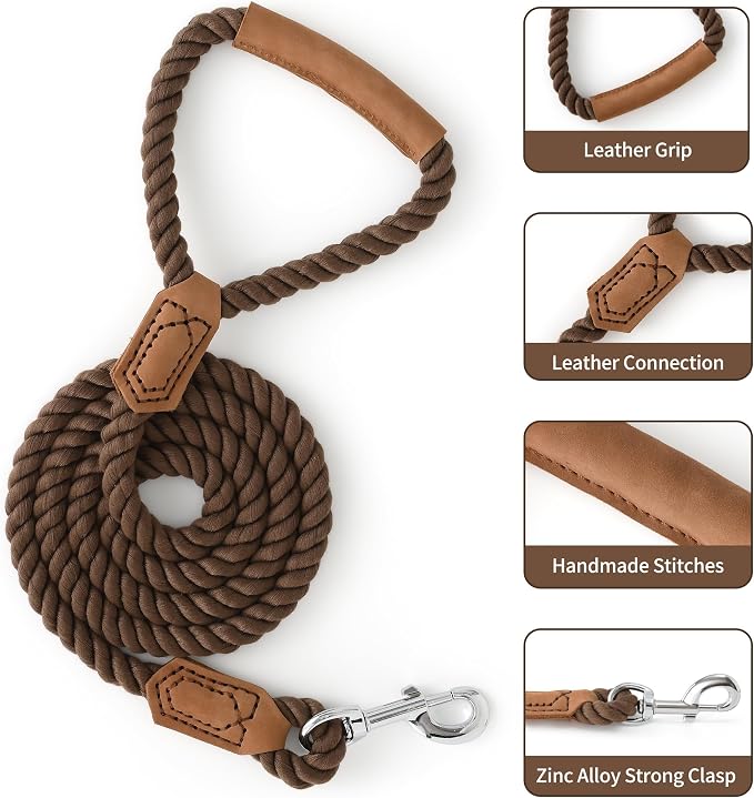 Mile High Life Dog Leash Braided Cotton Rope w/Leather-Wrapped Ends/Handle | Rust-proof 360° swivel clasp, Heavy-duty for medium/large breeds. Great for weddings, daily walks (5 FT, 1/2", Camel)