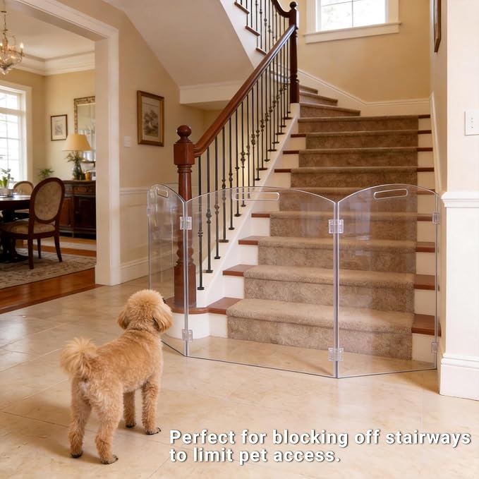 Clear Acrylic Freestanding Dog Gates for The House – Folding 3-Panels Pet Gates for Doorways,Indoor Stairs,and Hallways,No Assembly Transparent Barrier for Dogs,Puppies,and Cats