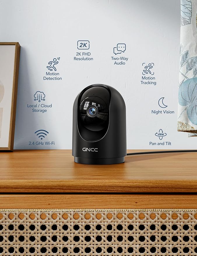 GNCC 2K Indoor Security Camera with Motion Detection, 2.4G WiFi, 1Pack | Motion Detection, Baby/Pet Camera with Phone App, Night Vision, 2-Way Audio, TF/Cloud Storage, Works with Alexa & Google Home