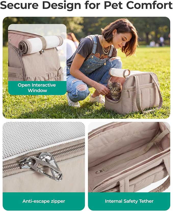 BAGSMART Dog Purse Carrier for Small Dogs Up to 15lbs Puppy Travel Tote Bag | Quilted Puffy Soft Sided Pet Handbag with Pockets, Collapsible Lightweight Portable Carrying with Safety Tether & Mat, Brown