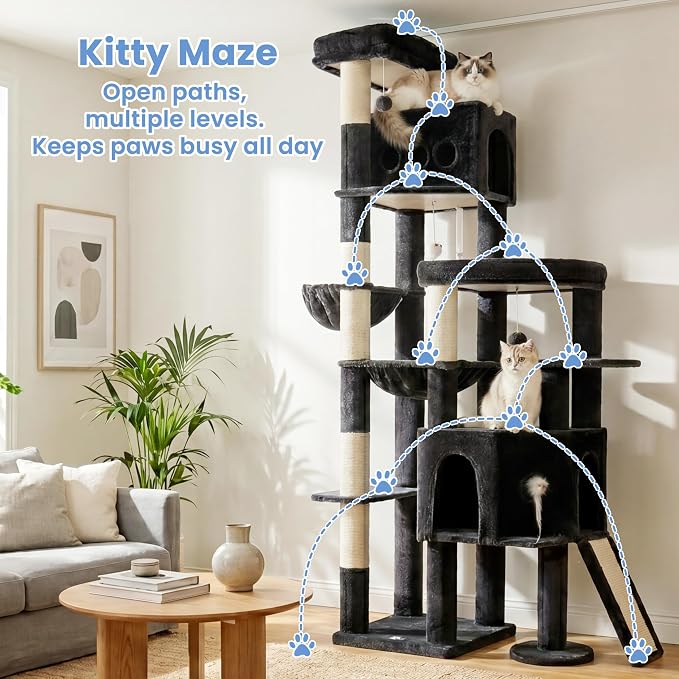 Cat Tree, 78.7" Tall Heavy Duty Cat Tower for Indoor Cats VCT033G | Cat Furniture with Sturdy Structure, Spacious Condo, Cozy Top Perch & Scratching Posts, Hammock, Smoky Gray