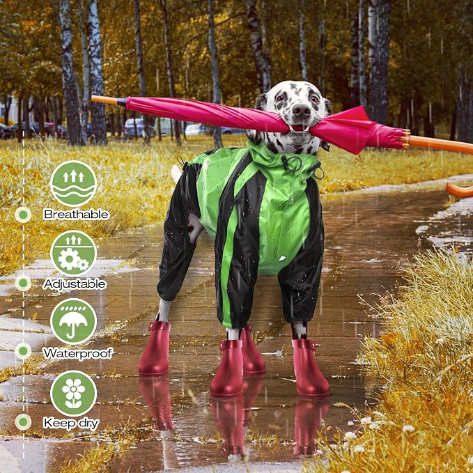 Dog Raincoat, 4 Leg Waterproof Dog Rain Jacket with Hood, Green L | Rain Coat For Small Dogs, Doggy Poncho With Leash Hole, Snap Buttons, For Rainy Snowy Weather Walks, Hiking, Camping