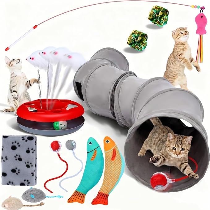 12pcs Cat Tunnel Set Large Collapsible Pet Tunnel Tube S-Shaped Maze Cats Indoor Cat Toy with Stick Pet Blanket Turntable Toy Balls Mice Fish and Noise Paper Ball Kitten Exercise Play