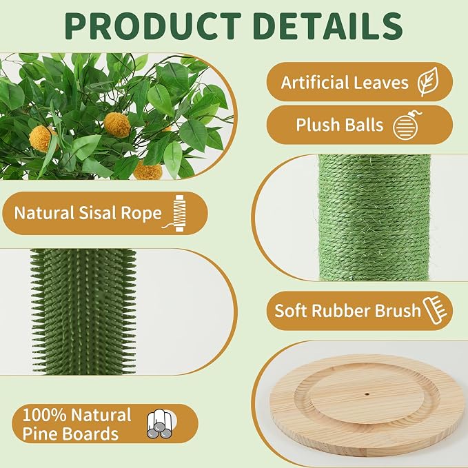 46" Tall Cat Scratching Post, Natural Sisal Cat Tree for Indoor Adult Cats | Vertical Cat Scratch Post for Body Stretching, Self-groomer Brush, Stable 3-layer Solid Wood Base, Interactive Ball Track Toy