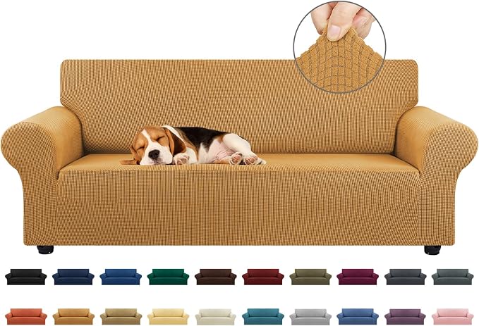Stretch Couch Covers for Sofa, 3 Cushion Couch Slipcover,Golden | 1-Piece Washable Sofa Cover Pet Friendly(78"-94") Furniture Protector Soft Jacquard, Elastic Bottom for Dogs & Kids