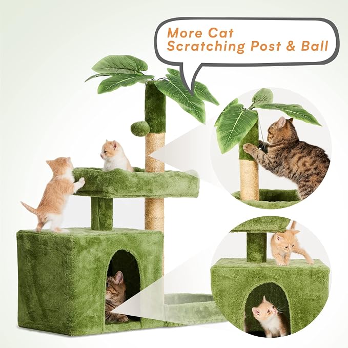 31.5inch Small Cat Tree Tower Condo for Indoor Cats, Soft Plush Multi-Level Climbing Tree Cat House with Cat Cave, Scratching Post, Sisal Rope, Green