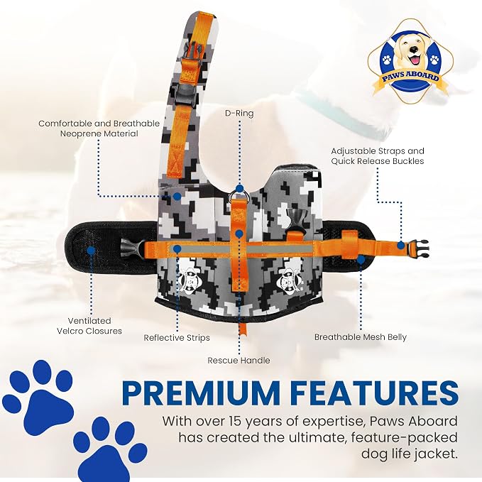 Dog Life Jacket — Premium Swim Vest with SafeChin Anti-Choke Collar | PAWS Aboard Grey Camo | RapidLift Rescue Handle, D-Ring, Reflective Trim | Boating, Kayaking, Pool | XX-Small (Under 6 lbs)