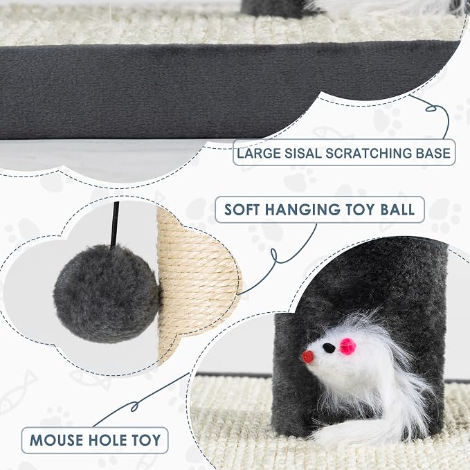 30 in Tall Cat Scratching Post,Thick Natural Sisal Scratcher with 15.8" Large Sisal Base, Interactive Hanging Pom-pom Ball & Plush Mouse Toy, Stable Cat Furniture of Indoor Cats