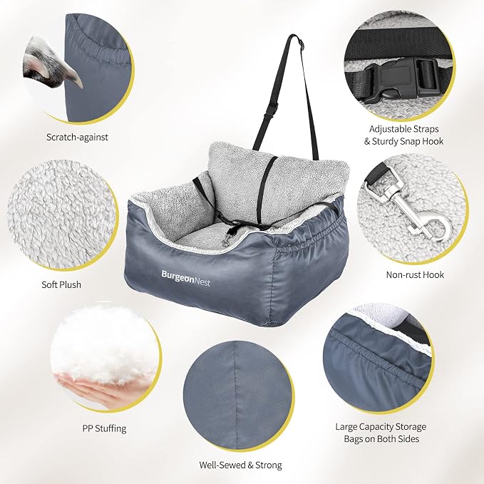 BurgeonNest Dog Car Seat for Small Dogs & Cats Under 25 lbs, Grey