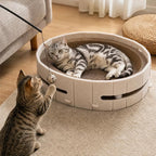 Interactive Cat Scratcher Lounge Bed Heavy Duty Corrugated Cardboard Cat Scratching Pad Bowl with Built-in Track & 2 Bell Balls for Indoor Cats Claw Care and Rest Cat Scratching Bowl, Beige