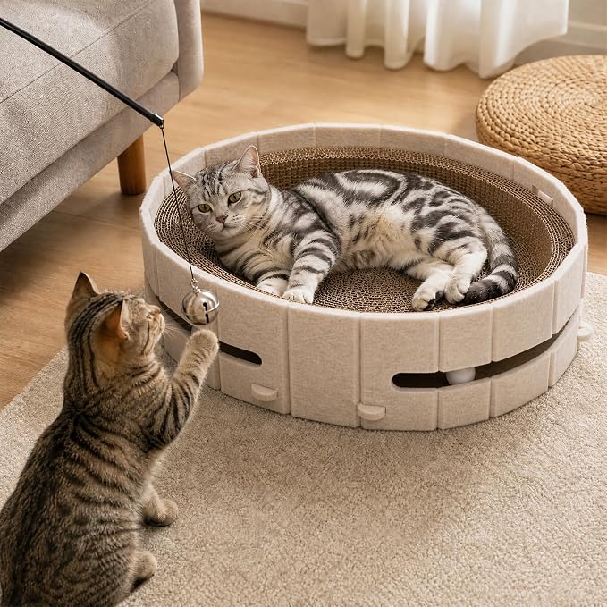 Interactive Cat Scratcher Lounge Bed Heavy Duty Corrugated Cardboard Cat Scratching Pad Bowl with Built-in Track & 2 Bell Balls for Indoor Cats Claw Care and Rest Cat Scratching Bowl, Beige