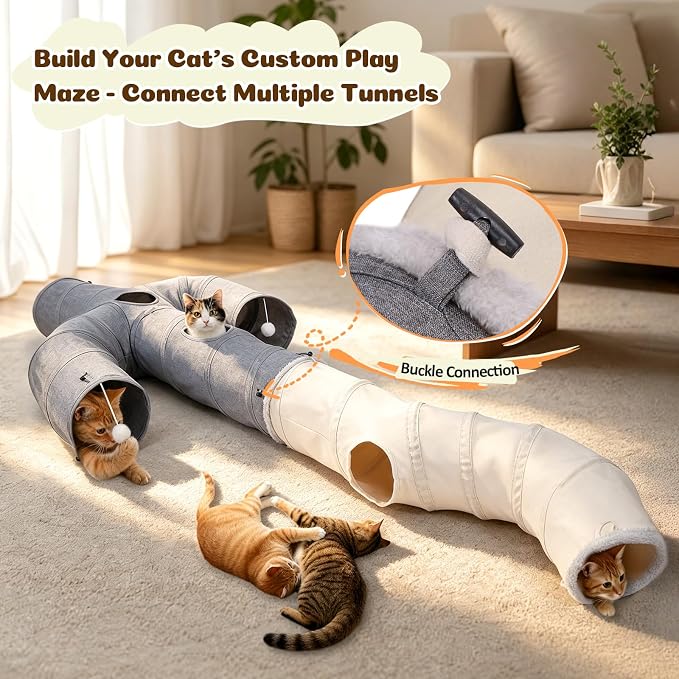 Ownpets S-Shape Cat Tunnel Toy 48"L x 10"D, for Cats, Puppies & Small Pets | Collapsible for storage, tear-resistant oxford fabric, connects to other tunnel, with peek hole, feather wand, indoor/outdoor