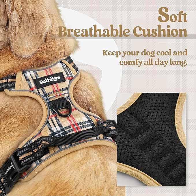 rabbitgoo Dog Harness, No Pull for Large Dogs with 2 Leash Clips, Pet Vest | No Choke with Handle, Adjustable Soft Padded, Reflective, Easy Control for Walking, Beige Plaid, X-Large