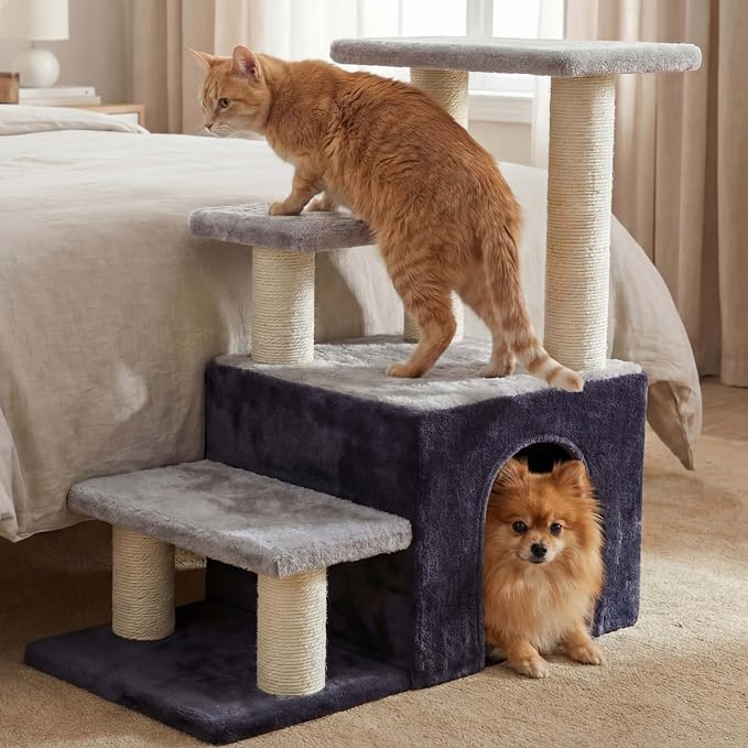 Heybly Cat Scratching Post, Pet Steps for Indoor Cats and Dogs, HSP002SGW | Small Cat Tree with Cat Condo, Pet Stairs with Full Wrapped Sisal Posts & Soft Plush Fabric, Smoky & Light Gray