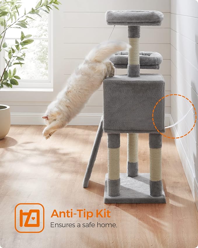 Feandrea Cat Tree, 45.3-Inch Cat Tower, Cat Scratching Post, Light Gray | 45.3-Inch Cat Tower, Plush Condo with Scratching Post, Ramp, Perch, Spacious Cave, Light Gray