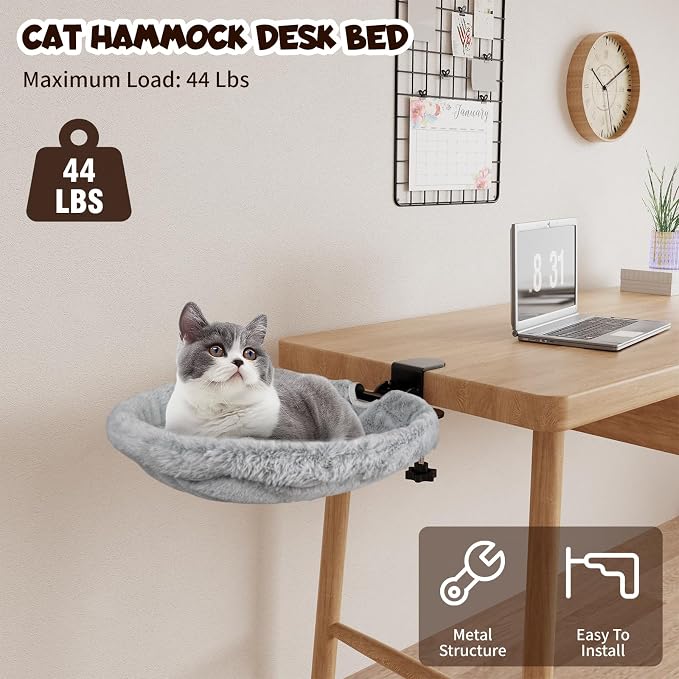 Acools Cat Desk Bed, 90° Foldable Cat Hammock with Clamp, 44 lb Capacity | Cat Desk Hammock with Adjustable Clamp; Desk Cat Bed Attachment Features 18"x18" Washable Soft Fabric and Sturdy Metal Frame