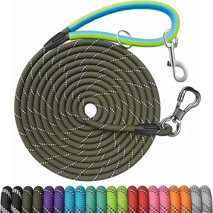NTR Heavy Duty Large Dog Leash, 30FT Reflective Long Leash with 2 Swivel Hooks and Comfortable Padded Handle, Strong for Walking, Hunting, Camping, Backyard for Small Medium and Large Dogs