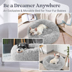 rabbitgoo Calming Cat Beds for Indoor Cats, 23 inches, Light Grey | Soft Warm Donut, Fluffy Faux Fur, Supportive Raised Rim, Anti-slip, Machine Washable, Up to 25lbs Cats & Small Dogs