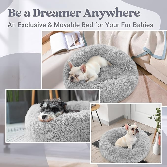 rabbitgoo Calming Cat Beds for Indoor Cats, 23 inches, Light Grey | Soft Warm Donut, Fluffy Faux Fur, Supportive Raised Rim, Anti-slip, Machine Washable, Up to 25lbs Cats & Small Dogs