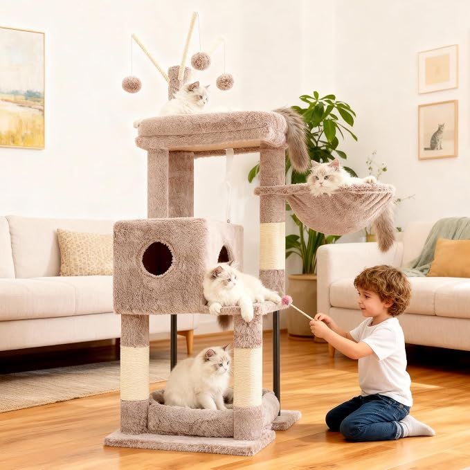 Heybly Cat Tree, 45.3" Cat Tower for Indoor Cats with Large Perch HCT202SMU | All-in-One Cat Furniture with Cozy Bed, Hidden Space Cat Condo, Comfy Hammock, Scratching Posts & 3 Pompoms, Rosy Brown