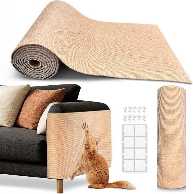 Cat Scratch Furniture Protector, Trimmable Self-Adhesive Carpet, DIY Climb Cat Scratcher Mat for Covering Cat Tower and Couch Protector from Cat Claws（Beige）
